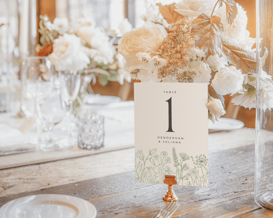 Wedding Table Numbers: Floral Green Doodles